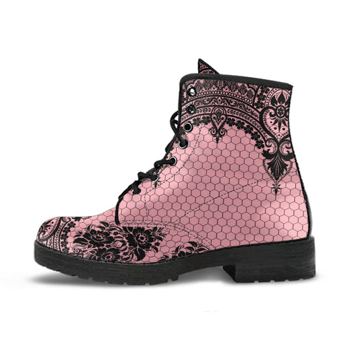 Pink Combat Boots - Gothic Lace Print 109 | Custom Shoes