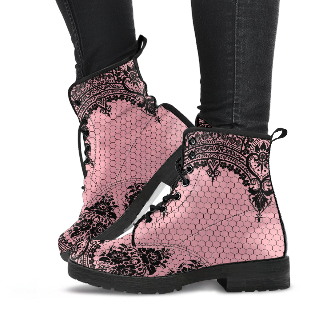 Pink Combat Boots - Gothic Lace Print 109 | Custom Shoes