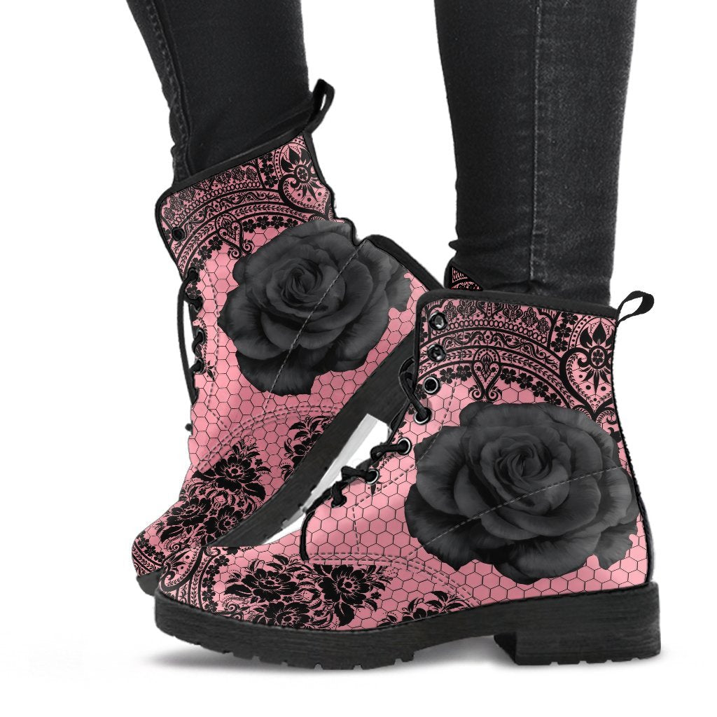 Pink Combat Boots-Gothic Lace Print 109 Roses | ACES