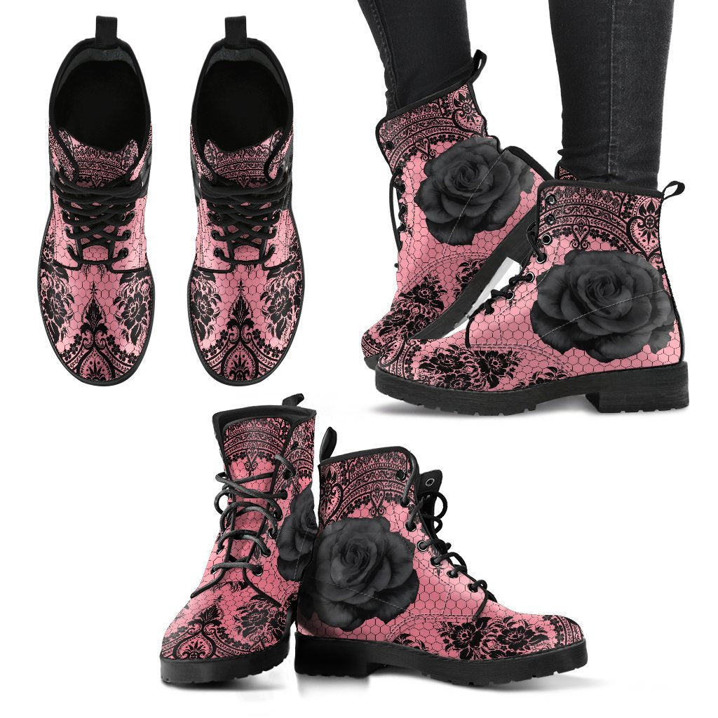 Pink Combat Boots-Gothic Lace Print 109 Roses | ACES