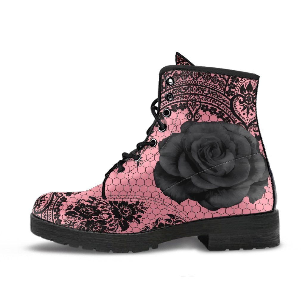 Pink Combat Boots-Gothic Lace Print 109 Roses | ACES