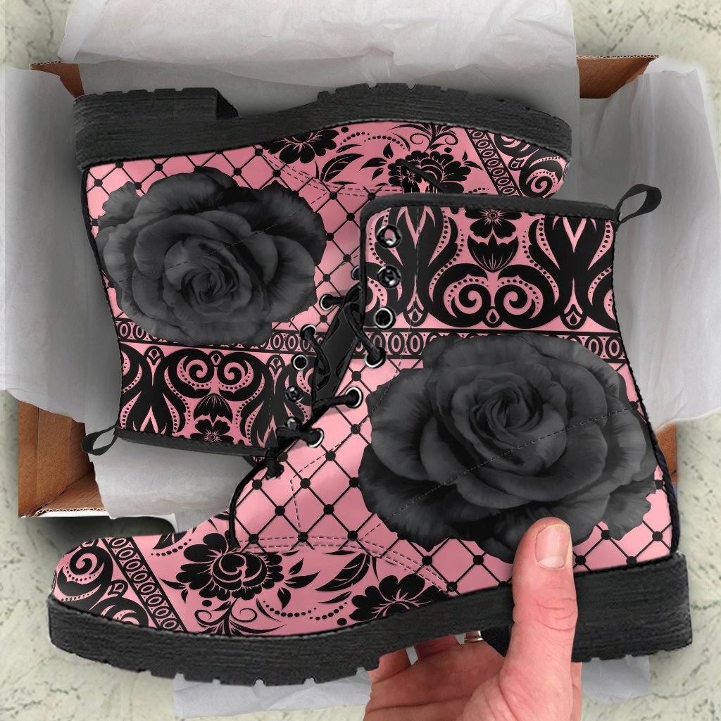 Pink Combat Boots-Gothic Lace Print 110 Roses | ACES