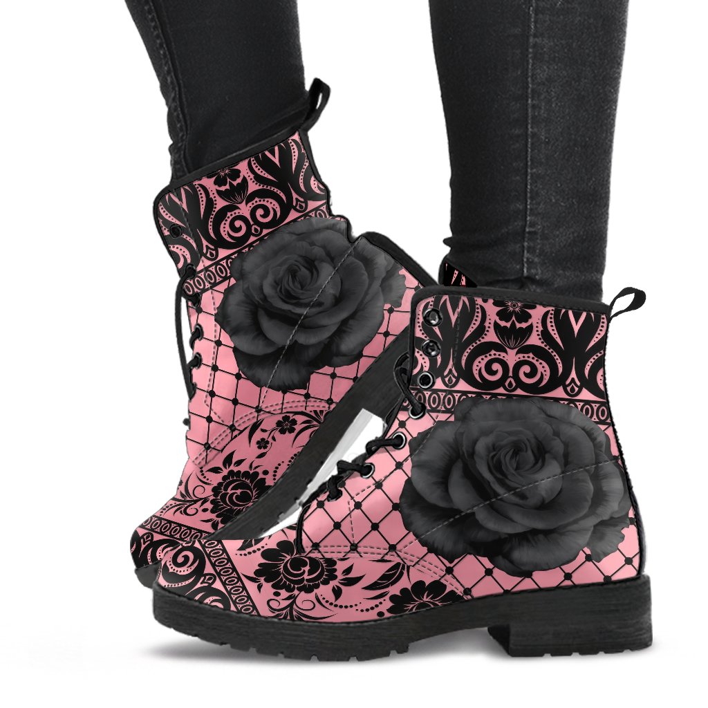 Pink Combat Boots-Gothic Lace Print 110 Roses | ACES