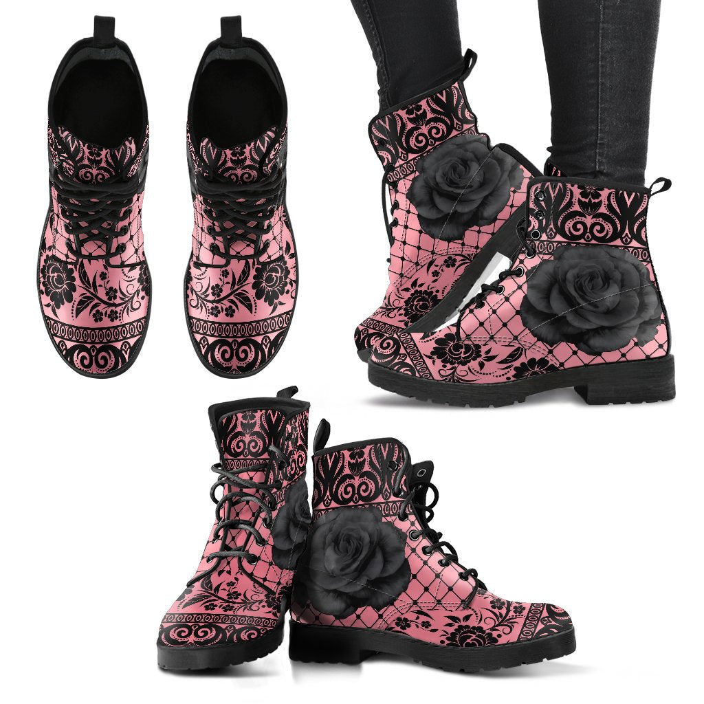 Pink Combat Boots-Gothic Lace Print 110 Roses | ACES