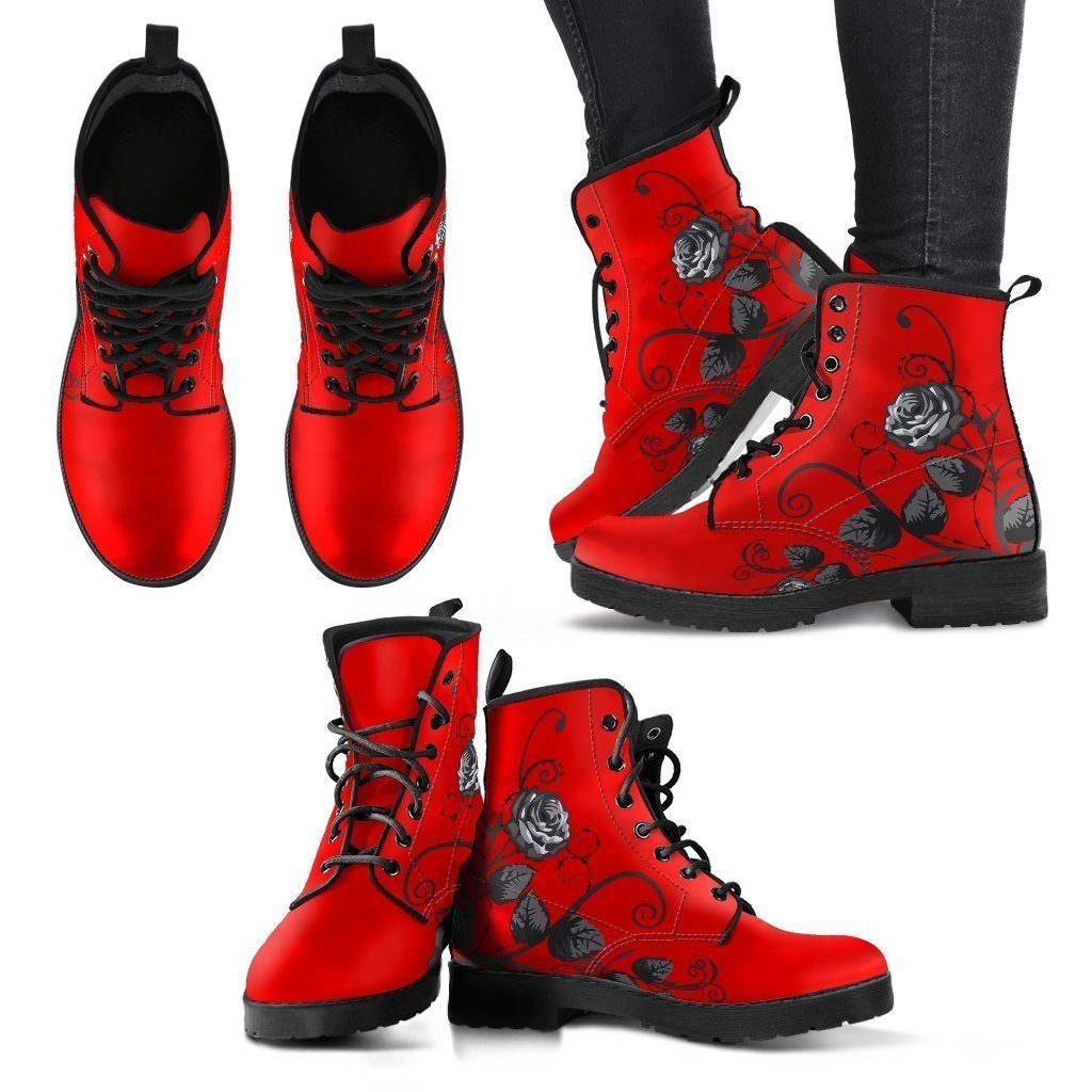 Red Combat Boots - Black Roses | Red Boots Boho Shoes