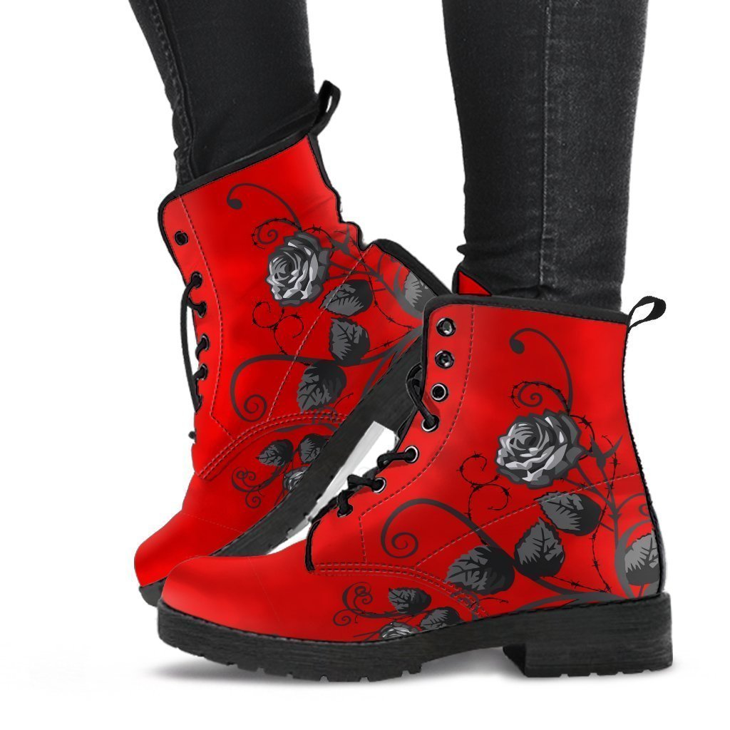 Red Combat Boots - Black Roses | Red Boots Boho Shoes