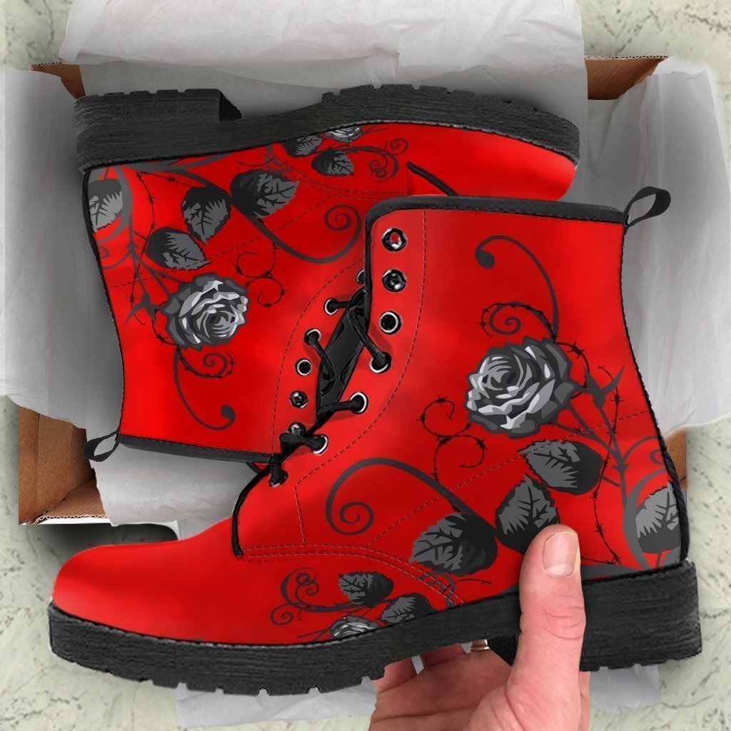 Red Combat Boots - Black Roses | Red Boots Boho Shoes
