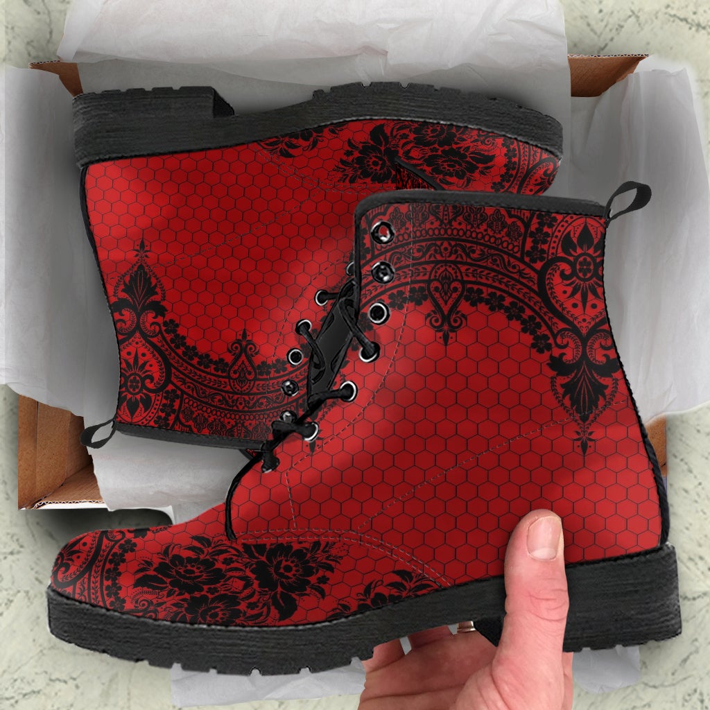 Red Combat Boots-Gothic Lace Print 111 | Unisex Boots