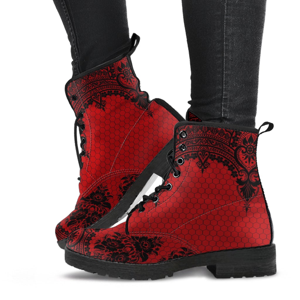 Red Combat Boots-Gothic Lace Print 111 | Unisex Boots