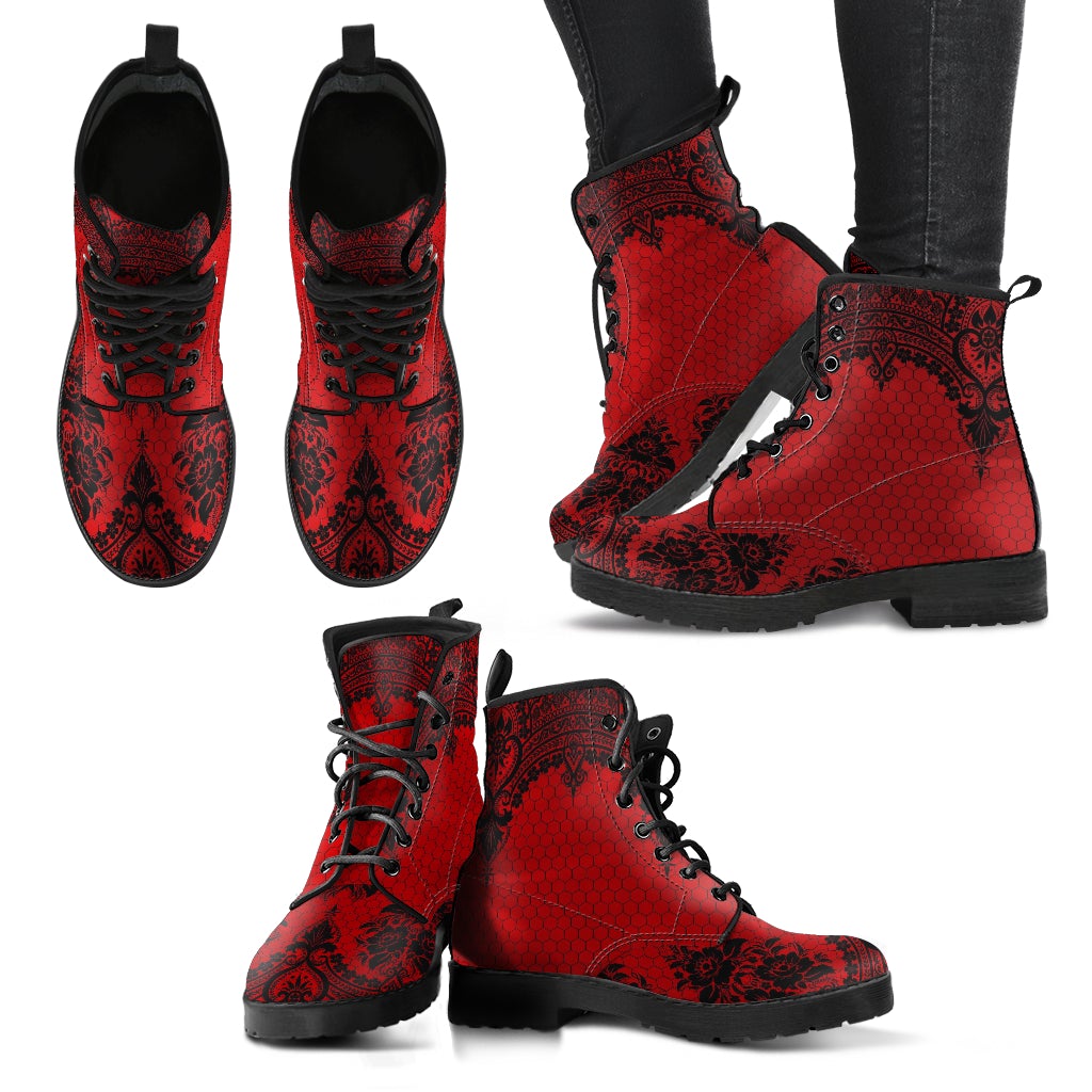 Red Combat Boots-Gothic Lace Print 111 | Unisex Boots
