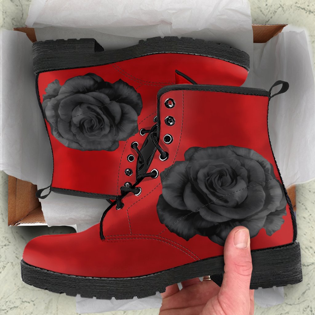 Red Combat Boots-Roses | ACES INFINITY