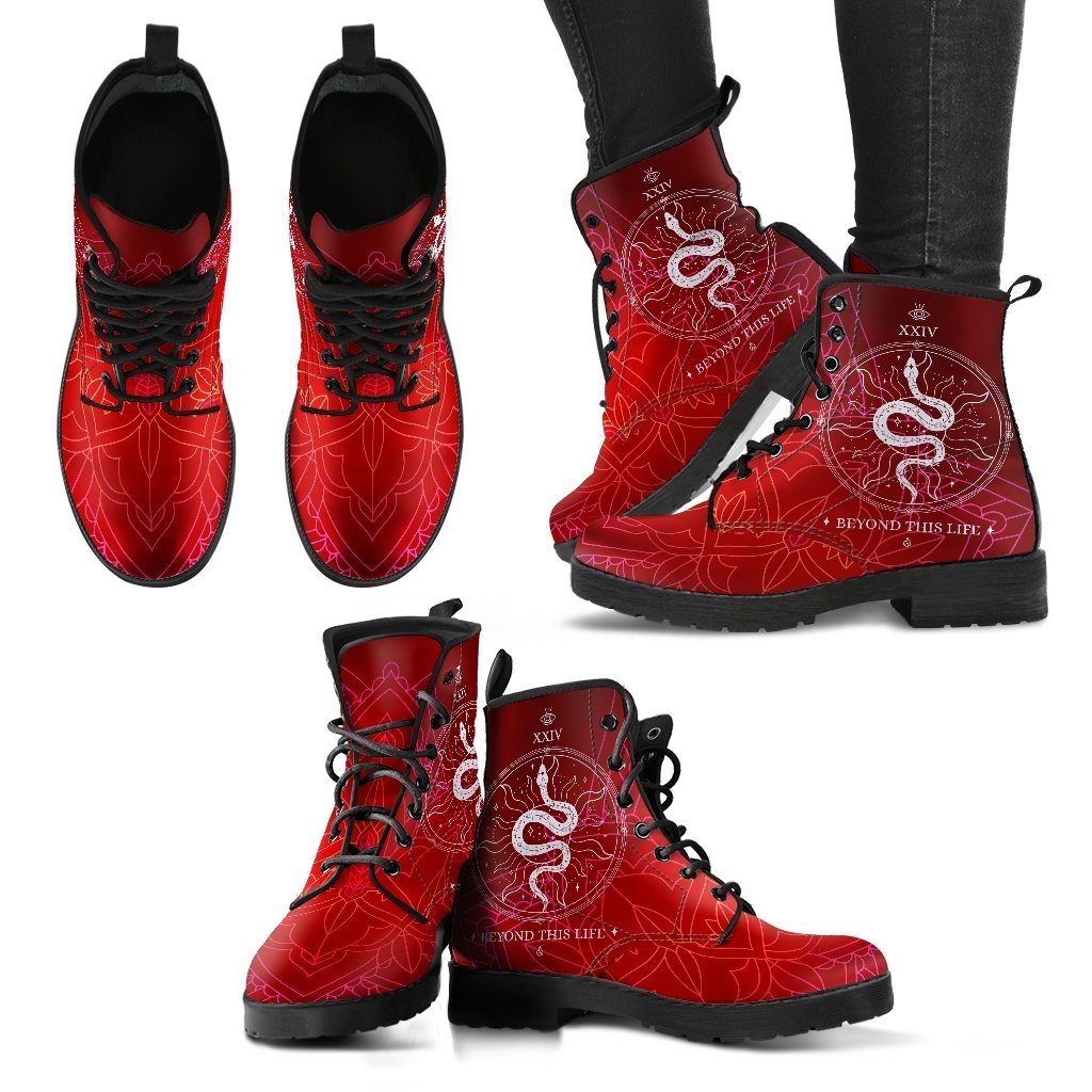 Red Combat Boots - Snake Boots | Vegan Leather Lace Up