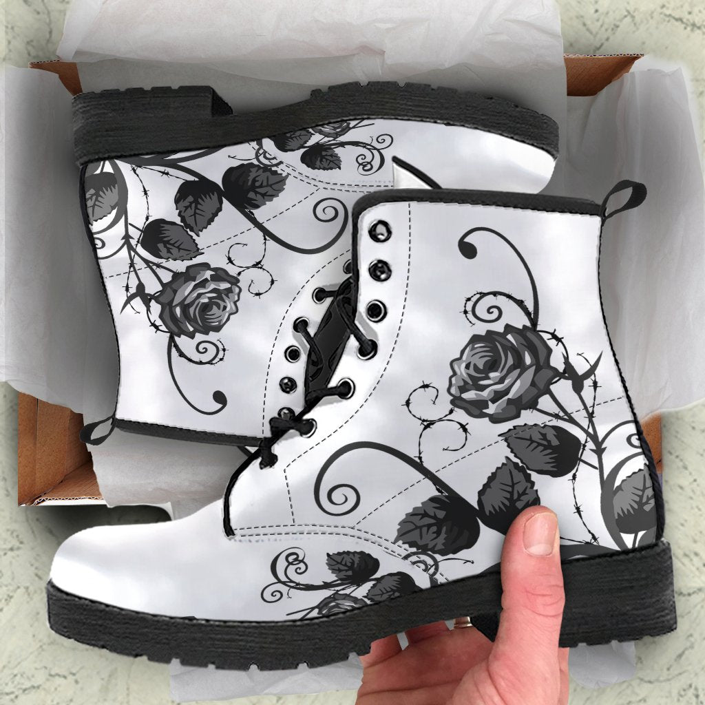 White Combat Boots - Black Roses | Boho Shoes Handmade Lace