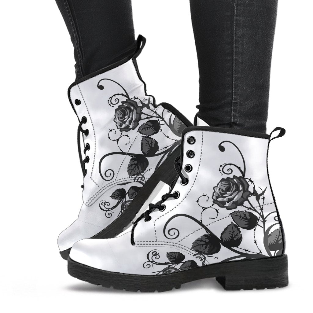 White Combat Boots - Black Roses | Boho Shoes Handmade Lace