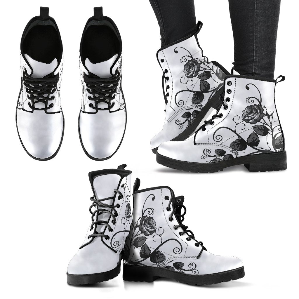 White Combat Boots - Black Roses | Boho Shoes Handmade Lace