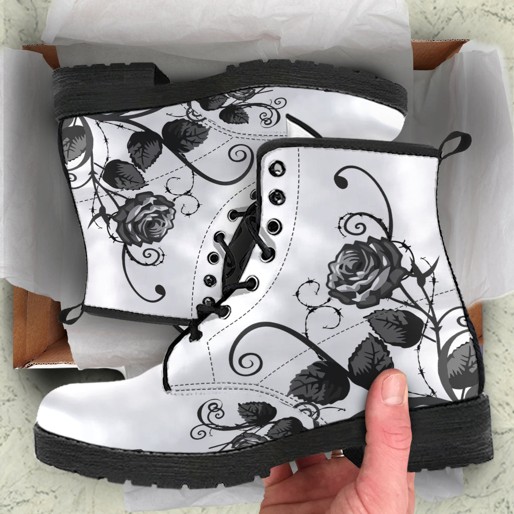 White Combat Boots - Gray Roses | Boho Shoes Handmade Lace